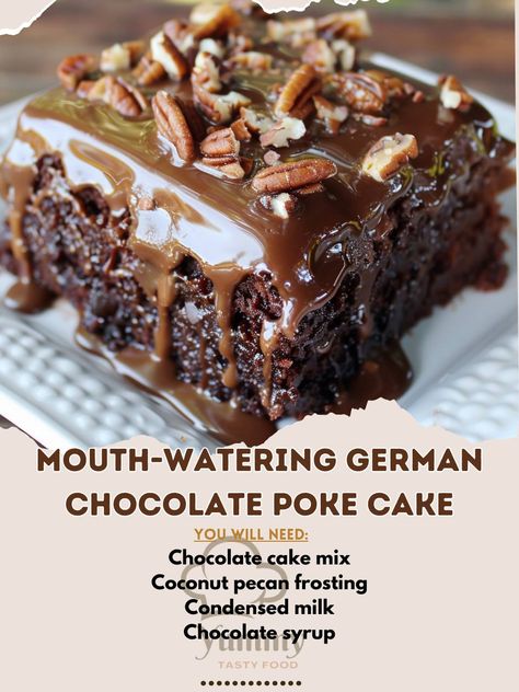 🍫 German Chocolate Poke Cake: Rich, chocolaty, and irresistibly moist! Dive into decadence! #ChocolateHeaven Mouth-watering German Chocolate Poke Cake Ingredients: Chocolate cake mix (1 box) Coconut pecan frosting (1 jar) Condensed milk (1 can (14 oz)) Chocolate syrup (1/2 cup (120 ml)) Instructions: Bake cake as directed and poke holes. Pour condensed milk over cake. Spread frosting and drizzle with syrup. Chill before serving. 🍰 Experience a slice of bliss with this decadent German Choc... German Chocolate Poke Cake, German Chocolate Frosting, Pecan Frosting, Chocolate Poke Cake, Coconut Pecan Frosting, Bake Cake, Coconut Pecan, Poke Cakes, German Chocolate