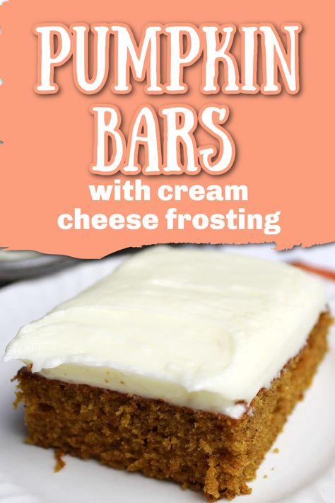 Oh my gosh, these pumpkin bars are good!  Add the cream cheese frosting and then they become dangerously good.  This recipe makes a big batch to share. It seems like everyone has had similar bars and remembers enjoying them! White Chocolate Cream Cheese Frosting Recipe, White Chocolate Cream Cheese Frosting, Easy Pumpkin Bars, Pumpkin Bars With Cream Cheese, Bars With Cream Cheese Frosting, Bars With Cream Cheese, White Chocolate Cream, Pumpkin Squares, Cake With Cinnamon