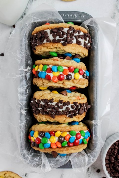 M&m Ice Cream Sandwich, M&m Cookie Ice Cream Sandwich, Ice Cream Treat Ideas, M&m Ice Cream, Ice Cream Sandwich Recipe, Cookie Monster Ice Cream, Breakfast Cupcakes, Cabin Weekend, Ice Cream Sandwiches Recipe