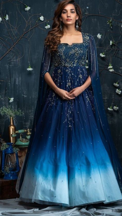 Beautiful Silk Anarkali Gown.  Embellished with hand embroidery.  Superb color shades and combination. Bridesmaid Gharara, Desi Anarkali, Heavy Gowns, Ombre Anarkali, Ombre Bridesmaid Dresses, Party Wear Frocks, Ombré Dress, Jump Suits, Western Gown