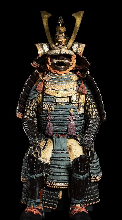 Ceremonial suit of samurai armour made during the peaceful Edo period (1603-1867). It is made of small plates of lacquered metal laced together with silk cords. Samurai Suit, Cyberpunk Character Design, Edo Japan, Japanese Armour, Samurai Concept, Samurai Armour, Dodge Demon, Au Ideas, Battle Armor