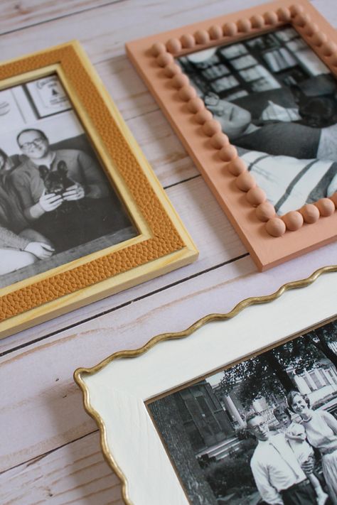 3 Ways to Upgrade Basic Photo Frames — Entertain the Idea Upcycled Photo Frames, Crafty Picture Frames, Repaint Picture Frames Diy, Easy Picture Frames Diy, Diy Vintage Frame, Painted Frames Ideas, Painting Picture Frames Diy, Frame Decorating Ideas, Frame Diy Ideas