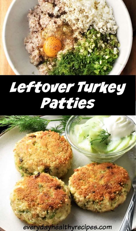 Turkey patties ingredients in bowl and 3 breaded patties on plate. Leftover Turkey And Mashed Potato Recipes, Turkey Patties Recipe, Turkey Dinner Leftover Ideas, Turkey Fritters, Turkey Cakes, Turkey Potato, Christmas Leftovers Recipes, Turkey Lunch Meat, Turkey Appetizers