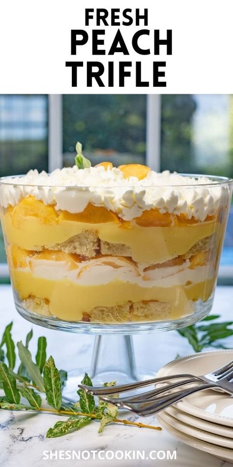 Fresh Peach Trifle, Peaches And Cream Trifle, Peach Trifle Recipes, Triffle Recipe, Peach Trifle, Trifle Cake, Flan Dessert, Homemade Pound Cake, Candied Pecans Recipe