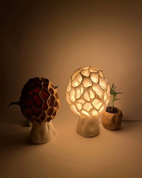 Illuminate your space with the soft, atmospheric light of the Morel Mushroom Lamp, which mimics the enchanting shape of morel mushrooms. Available in two sizes (medium and large) and two soothing colors (white and natural beige), this lamp is a perfect blend of functionality and aesthetic appeal, making it an excellent choice for any desk lamp or as a fascinating furniture decoration. Why you will love the Morel Lamp: Elegant lighting: Whether you choose the clean, soft glow of the white mushroo Mushroom Themed Room, Desk Lamp Aesthetic, Beehive Lamp, Mushroom Lampshade, Mushroom Lantern, Nature Lamp, Ceramic Light Fixture, Organic Lamp, Paper Mache Lamp