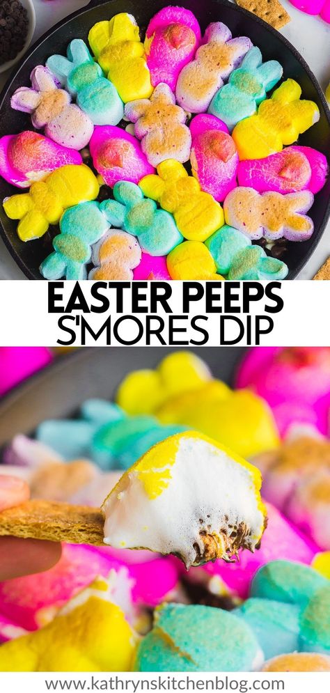 Peeps S'mores Dip is the ultimate Easter treat! Fun, colorful, and sugary Peeps are baked on top of chocolate chips creating a rich and gooey dip that everyone will love. Serve with graham crackers or any of your favorite dippers! #smoresdip #smores #bakedsmores #easterdessert #easter #peeps Fun Rice Krispie Treats, Baked Smores, Smores Dip, Easter Food Crafts, New Years Appetizers, Homemade Toffee, Delicious Dips Recipes, Festive Appetizers, Easter Desserts Recipes