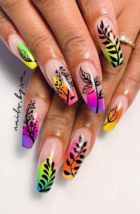 Neon Floral Nails, Simple Rainbow Nails, Rainbow Flower Nails, Short Rainbow Nails, Neon Flower Nails, Neon Rainbow Nails, Leaf Nail Art Designs, Rainbow Nail Art Designs, Leaf Nail Art