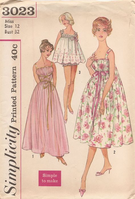 Edge Beading, Baby Doll Pajamas, Tie Belts, Doll Pajamas, Vintage Clothes Patterns, Nightgown Pattern, Pajama Pattern, Vintage Nightgown, Vintage Dress Patterns