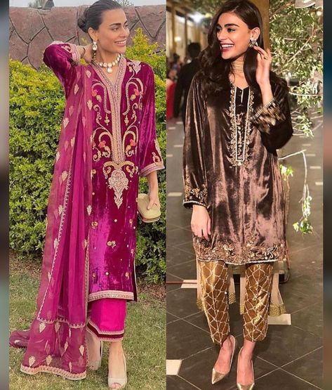 Brown Velvet Dress Pakistani, Latest Velvet Suit Designs 2022, Latest Velvet Dresses Pakistani, Velvet Pakistani Outfit, Makhmal Suits Design, Velvet Pakistani Dress Color Combinations, Velvet Kurtis Design Latest, Lohri Outfits, Velvet Frock Design