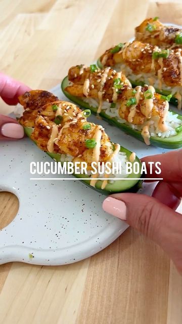 Teriyaki Chicken Cucumber Boats, Teriyaki Chicken Cucumber Sushi, Cucumber Sushi Boat, Cucumber Sushi Boats, Sushi Boats, Viral Cucumber, Husband Lunch, Cucumber Sushi, Shrimp Sushi