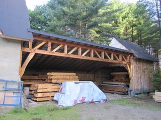 timber frame truss | fishermansdaughter | Flickr Sawmill Projects, Timber Frame Garage, Sawmill Lumber, Building A Carport, Timber Frame Plans, Timber Frame Joinery, Timber Frame Barn, Lumber Storage, Framing Construction