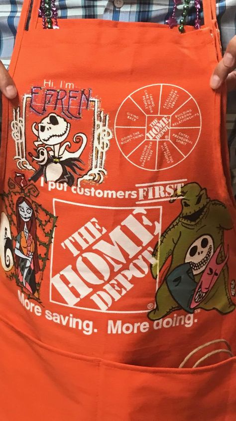 Home Depot Apron Art Ideas, Home Depot Apron Art, Home Depot Apron, Apron Art, Apron Ideas, Work Aprons, Apron Designs, Nightmare Before Christmas, Chip Bag