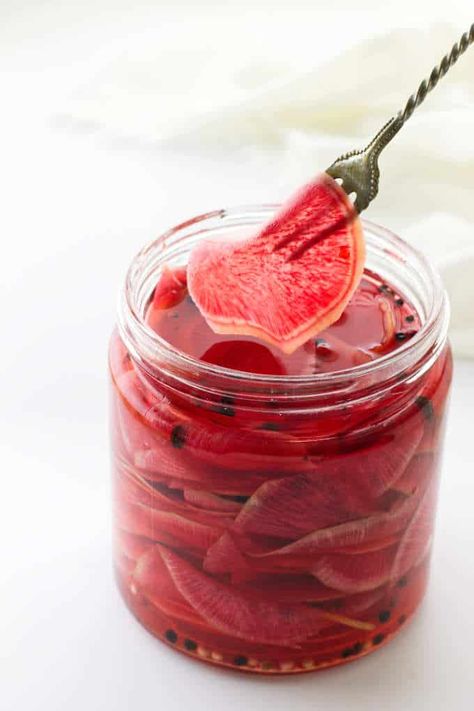 This recipe for refrigerator pickled watermelon radish is delicious and easy, and only takes 30 minutes. Pickled watermelon radish has a mild, zesty spiciness with the perfect amount of crunch and flavor. Radish Pickle Recipe, Watermelon Radish Recipe, Radish Pickle, Pickled Watermelon, Watermelon Pickles, Tupelo Honey, Watermelon Radish, Radish Recipes, Pickle Recipe