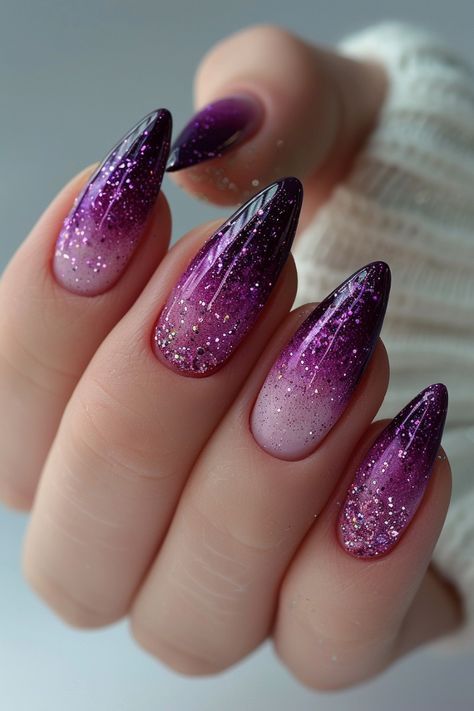 Purple Glitter Nails, Yellow Nails Design, Lilac Nails, Pink Ombre Nails, Glamorous Nails, Almond Nails Designs, Homecoming Nails, Fabulous Nails, Nail Art Ideas