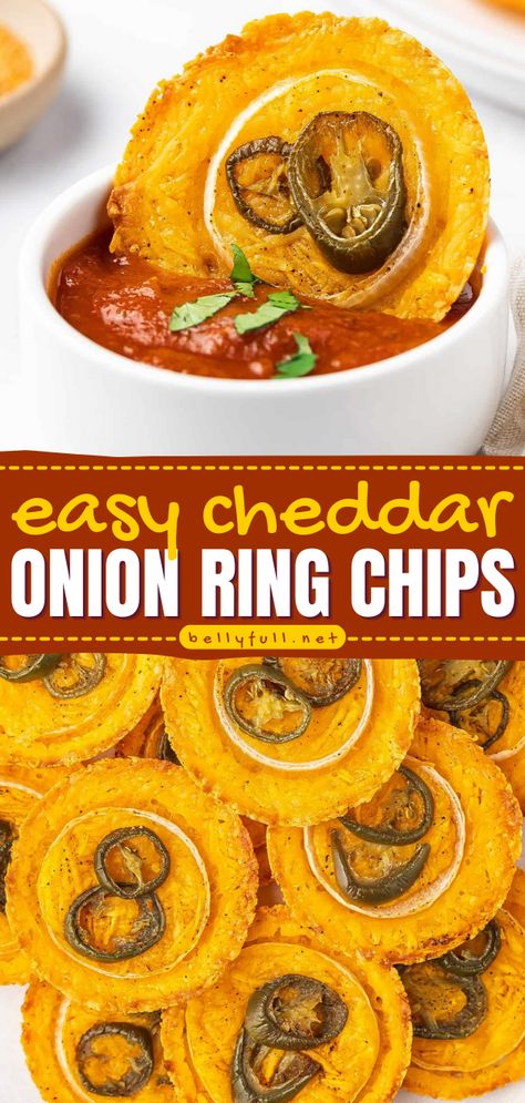 Made with just 4 ingredients, these Cheddar Onion Ring Chips are an easy, low carb snack! They’re a tasty alternative to traditional deep fried onion rings and potato chips when you’re craving something salty. Onion Crisps Recipe, Onion Cheese Rings, Onion Chips Fried, Keto Cheese Onion Rings Baked, Low Carb Cheesy Onion Ring Chips, Cheesy Onion Ring Chips, Keto Onion Rings Baked, Cheese Bacon Onion Rings, Onion Cheddar Chips Recipe