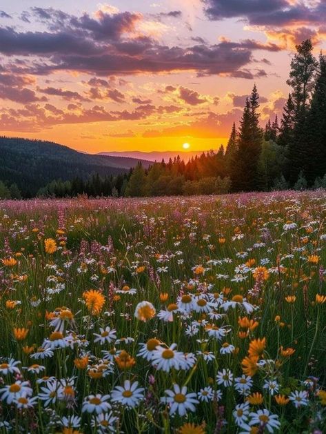 Floral Field Aesthetic, Sunset With Flowers Wallpaper, Spring Aesthetic Sunset, Wild Flower Landscape, Nature Aesthetic Landscape Orientation, Mountain Flower Field, Landscape Field Photography, Sunny Place Aesthetic, Aesthetic Flower Fields