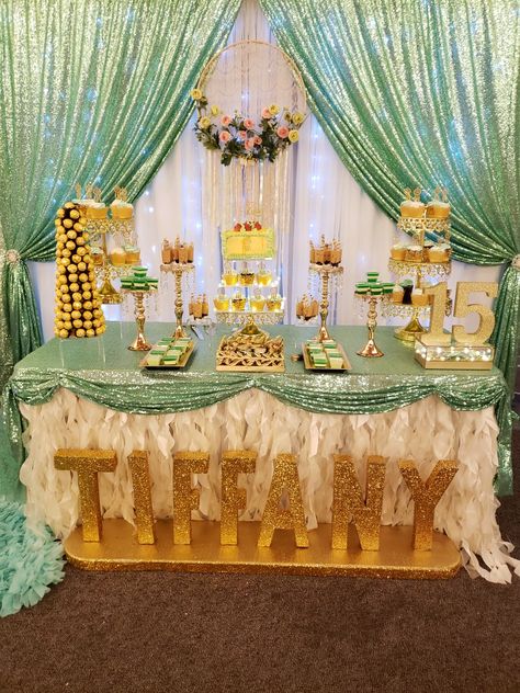 Sage Quinceanera Theme Centerpieces, Tiana Sweet 16 Decorations, Tiana Party Decorations, Princess And The Frog Candy Table, Princess And The Frog Sweet 15, Princess Tiana Birthday Party Sweet 16, The Princess And The Frog Quince Theme, Princess And The Frog Dessert Table, The Princess And The Frog Sweet 16