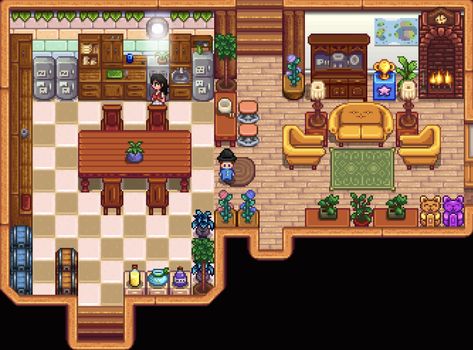 Stardew Living Room Ideas, Stardew Valley Living Room Design, Strawdew Valley, Stardew Interior, Stardew Decor, Stardew Layout, Farms Design, Stardew Ideas, Stardew Mods