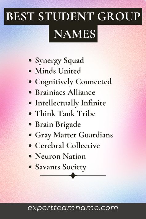 Joining or starting a student group is an excellent way to explore your interests, develop new skills, and connect with like-minded individuals. However, finding the perfect name for your group can be a daunting task. A great name can spark interest, communicate your group’s purpose, and leave a lasting impression. In this digital age, a catchy and memorable name can also help your group stand out online and attract new members. Book Club Names, Brain Busters, Group Names Ideas, Group Names, Best Student, Meaningful Names, Wise One, Bible Study Group, Great Names