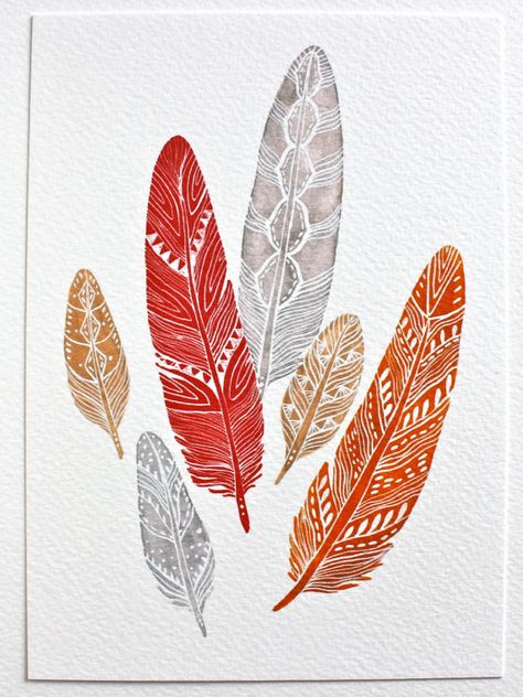 Fire Feathers  Watercolor Painting  Modern Art  Small от RiverLuna, $12.00 Watercolor Feather, Feather Painting, Feather Art, Cricut Designs, Art Et Illustration, Feather Print, Art And Illustration, Art Moderne, Orange Red