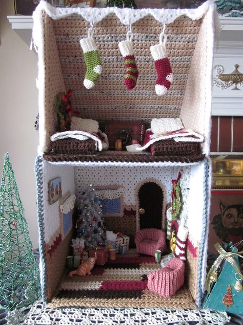 ChristmasCabinInterior1 | Crochet Christmas Cabin complete! | Flickr Crochet Ipad Cover, Gifts Under The Tree, Crochet Furniture, Christmas Cabin, Crochet Toys Free Patterns, Crochet Doll Tutorial, Crochet Fairy, Crochet Barbie Clothes, Toy House