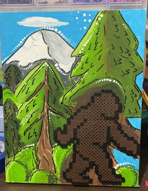 Perler bead meets canvas and create a beautiful display of visual and textured art. Big foot on an abstract background Bigfoot Perler Beads, Lego Dots, Lenticular Clouds, Canvas Coasters, Perler Creations, Perler Ideas, Plastic Canvas Coasters, Christmas Collage, Perler Crafts