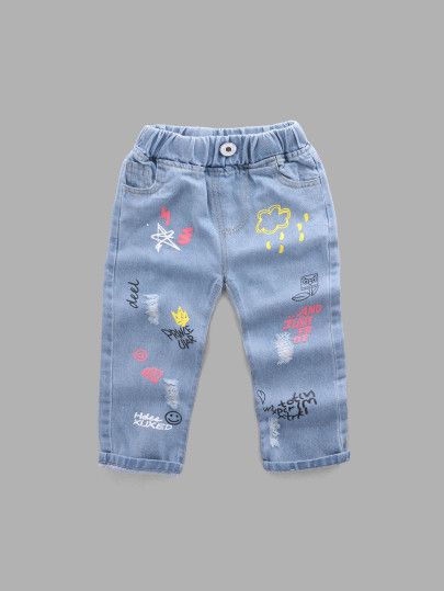 Girls Cartoon Print Jeans -SheIn(Sheinside) Kids Jeans Girls, Kids Denim Jeans, Shop Dresses Online, Girl Jeans, Toddler Jeans, Fashion Baby Girl Outfits, Mom Dr