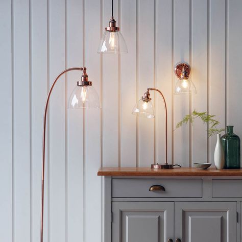 An authentic 'resto' style lighting, finished in aged copper plating with authentic knurled lamp holder details and clear glass shade. Copper Wall Light, Copper Floor Lamp, Copper Table Lamp, Adjustable Wall Light, Copper Table, Copper Plating, Aged Copper, Adjustable Floor Lamp, Task Floor Lamp