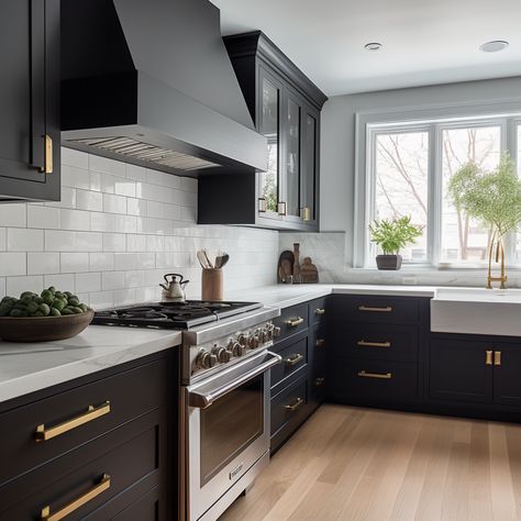 **Add some marble countertops** Hardware For Black Cabinets, French Bistro Kitchen, Heritage Kitchen, Bistro Kitchen, White Tile Backsplash, White Subway Tile Backsplash, White Interiors, Minimalist Kitchen Design, Black Kitchen Cabinets