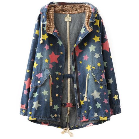 Chicnova Fashion Colorful Stars Denim Coat (2,005 PHP) ❤ liked on Polyvore featuring outerwear, coats, jackets, tops, hooded coat, blue coat, denim coat, colorful coat and multi colored coat Star Fashion Clothes, Science Museum Outfit, Dead Boy, Silly Clothes, Fancy Clothes, Moda Punk, Funky Outfits, Blue Coat, Mode Chic