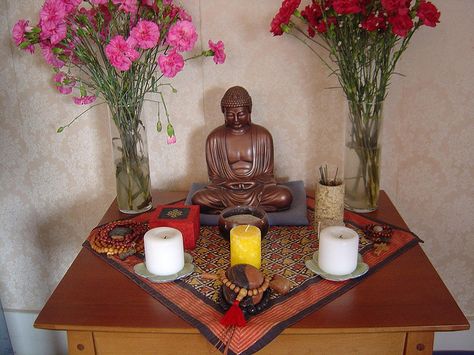 Buddha altar by Lorianne DiSabato, via Flickr Jesus Candles, Personal Altar, Buddhist Shrine, Meditation Corner, Buddhist Altar, Pagan Gods, Meditation Rooms, Meditation Altar, Spiritual Stuff