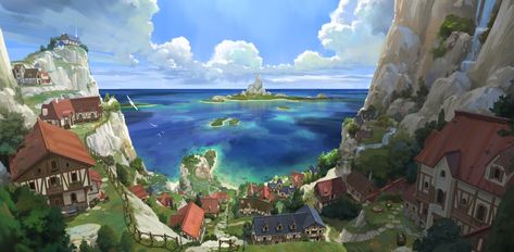 ArtStation - beach village, Sin jong hun Fantasy Village, Beach Village, Fantasy Island, Location Inspiration, Fantasy City, Fantasy Places, Fantasy Art Landscapes, Fantasy Concept Art, 판타지 아트