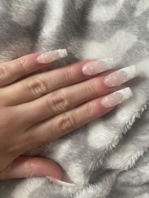 Clear Nails With Pearls, Acrylics With Pearls, White French Tips With Pearls, Basic Nails With Rhinestones, White French With Glitter, French Tip With Jewels, White French Tip Nails With Glitter, French Tip Nails With Pearls, French Tips With Pearls