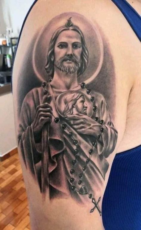 San Judas Tadeo Tattoo For Women, St Jude Tattoo, St. Jude Tattoo, Religious Tattoos For Men, San Judas Tadeo Tattoo, Jesus Tattoo Design, Ram Tattoo, Rose Tattoos For Women, Skull Sleeve Tattoos