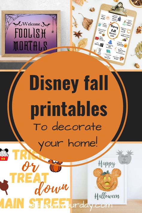 Looking for a quick and easy way to decorate your house this fall... with a Disney twist? Consider printables, beautiful works of art that you can download and print to hang right in your own home to decorate! Add a frame and get creative - and at most of them coming in under $5 (some only around $1.50!) it's affordable too! Disney Halloween Diy, Disney Fall, Disney Thanksgiving, Disney Halloween Decorations, Deco Disney, Disney Diy Crafts, Disney Pumpkin, Disney Printables, Mickey Pumpkin