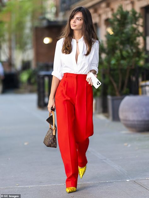 Satin Red Pants Outfit, Crimson Pants Outfit, Red Straight Pants, How To Style Red Trousers, Red Wide Pants Outfit, Bright Trousers Outfit, Red Pants White Top Outfit, Red Linen Trousers Outfit, Bright Red Pants Outfit