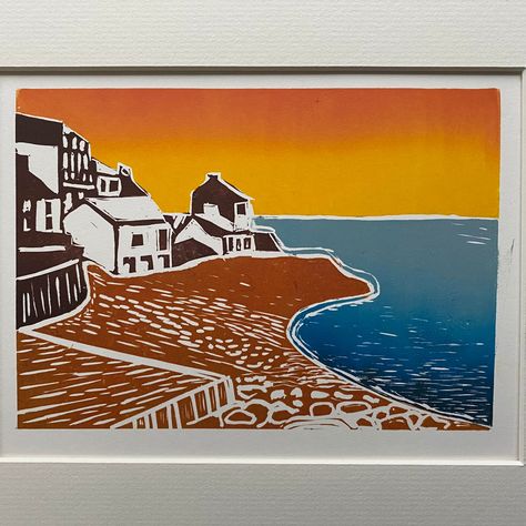 Original Jigsaw lino print of a welsh coastal village in 3 colour ways. Jigsaw Lino Print, Coastal Village, Lino Prints, Seaside Village, Colour Ways, Print Ideas, Marble Paper, Monoprint, Lino Print