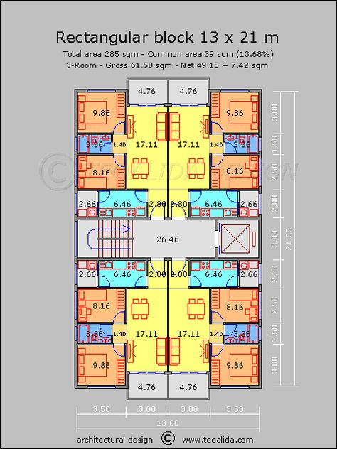 Apartment plans 30-200 sqm designed by Teoalida | Teoalida Website Apartment Block Floor Plan, Residential Architecture Apartment Floor Plans, Apartment Plan, 4 Bhk Apartment Floor Plan, Typical Floor Plan Apartments, Small Apartment Floor Plans, Linear Apartment Plan Layout, Residential Building Plan, Condo Floor Plans