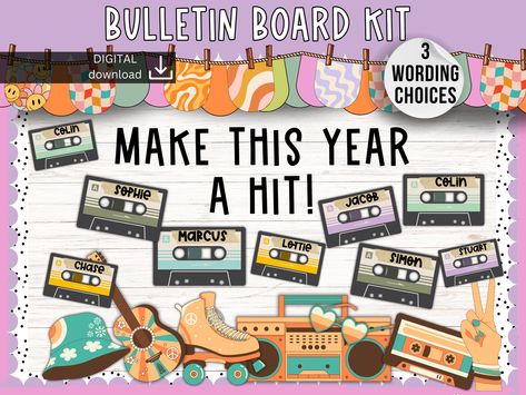 Welcome back bulletin board | Music Retro bulletin board | new year Bulletin Board | groovy classroom display | cool funky Bulletin kit Retro Bulletin Board, New Year Bulletin Board, Groovy Classroom, January Bulletin Boards, Back To School Bulletin Boards, Classroom Display, School Bulletin Boards, Classroom Door, Classroom Displays