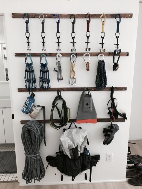 Climbing/gear rack in loft Workout Gear Organization, Climbing Equipment Storage, Gear Storage Wall, Climbing Gear Rack, Climbing Gear Storage, Climbing Gear Organization, Gear Storage Ideas, Gear Room Organization, Photography Gear Storage