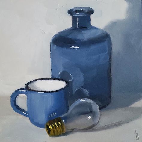 Impressionist Still Life, Mini Portfolio, Blue Mug, Streetwear Collection, Blue Glass Vase, Vase Blue, Tan Background, Oil Painting For Sale, Canvas Painting Landscape