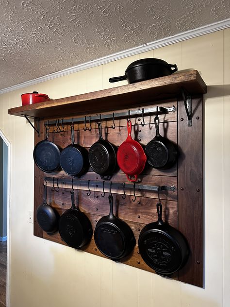 Ideas For Pots And Pans Storage, Pan Holder Hanging Wall, Cast Iron Skillet Wall Display Ideas, Cast Iron Pan Hanger, Pot And Pan Organization Wall, Cast Iron Pans Storage, Cast Iron Pot Rack, Cast Iron Pan Wall Display, Hanging Cast Iron Pans The Wall