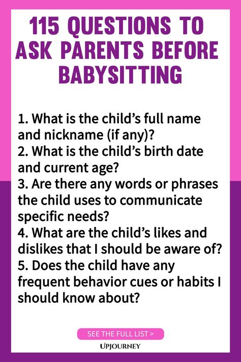 Looking for some guidance when babysitting? Check out these 115 questions to ask parents before stepping in as the responsible adult. This comprehensive list covers everything you need to know to ensure a safe and enjoyable experience for both you and the little ones in your care. From allergies to emergency contacts, these questions will help you feel confident and prepared for any scenario that may arise while babysitting. Take the stress out of babysitting by arming yourself with all the info Questions To Ask Parents, Babysitting Hacks, Work Etiquette, Psychology Terms, Friendship And Dating, Asking The Right Questions, Life Questions, Work Culture, What If Questions