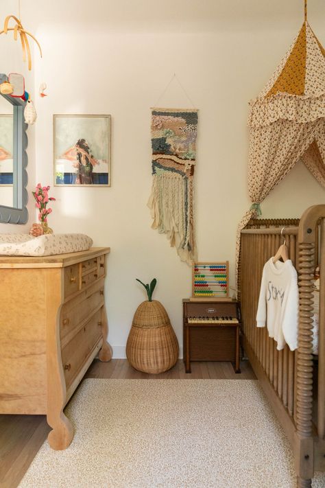 Bye Bye, Open Concept: When This Family Couldn’t Build An Addition, They * Added * Interior Walls (+ A Sweet Nursery Reveal) - Emily Henderson Vintage Inspired Nursery, Mini Nursery, Bedroom Canopy, Eclectic Nursery, Cottage Nursery, Nursery Reveal, Building An Addition, Long Living Room, Sweet Nursery