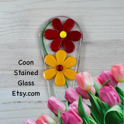 Fused Glass Plant Stake with a Red and Marigold Colored Flower, Garden Stake Yard Art, Potted Plant Accessory, Garden Decoration, Handmade by CoonStainedGlass on Etsy Yellow Flower Garden, Plant Stakes, Garden Stakes, Red And Yellow, Yellow Flower, Garden Decoration, Yard Art, Fused Glass, Yellow Flowers