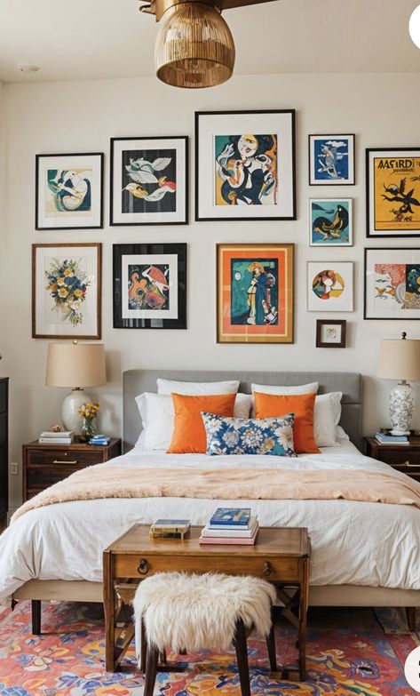 Orange Eclectic Bedroom, Eclectic Bedroom White Walls, Painting Over Bed Ideas, Unisex Bedroom Ideas For Couples, Pink And Orange Bedroom Decor, Cream Walls Bedroom, Unisex Bedroom Couples, Bedroom With Colorful Accents, Couples Bedroom Ideas Cozy