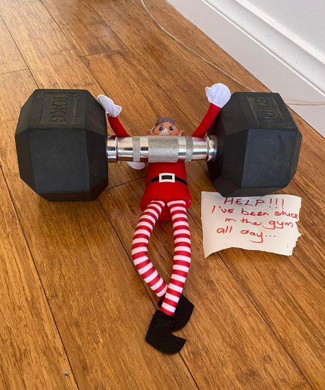 Elf On The Shelf Gym Ideas, Elf On The Shelf Gym, Elf On The Shelf Pet Ideas, Elf On Shelf Funny, Elf Ideas Easy, Elf Funny, Christmas Door Decorating Contest, Elf Decorations, Door Decorating Contest