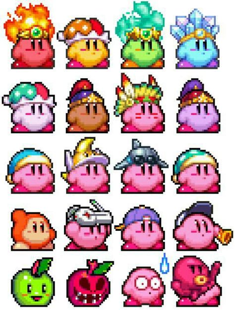 Kirby, Waddle Dee, different forms, game; Kirby 8 Bit Kirby, Nintendo Sprites, Fighter Kirby, Kirby On Star, Kirby Perler Beads, Kirby Super Star Ultra, 8 Bit Characters, Kirby Hat, How To Pixel Art