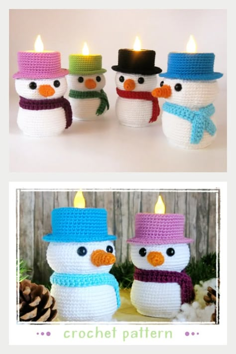 8 Christmas LED Tea Light Holder Crochet Pattern - Page 2 of 2 Crochet Candle Holder, Crochet Candle, Crochet Christmas Gifts, Crochet Snowman, Holiday Crochet, Crochet Christmas Ornaments, Christmas Crochet Patterns, Christmas Tea, Crochet Instructions