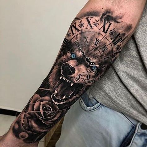 Image may contain: one or more people Wolf Tattoo Forearm, Clock Tattoo Sleeve, Wolf Tattoos Men, Daddy Tattoos, Lion Tattoo Sleeves, Wolf Tattoo Sleeve, Regnul Animal, Cool Arm Tattoos, Cool Forearm Tattoos